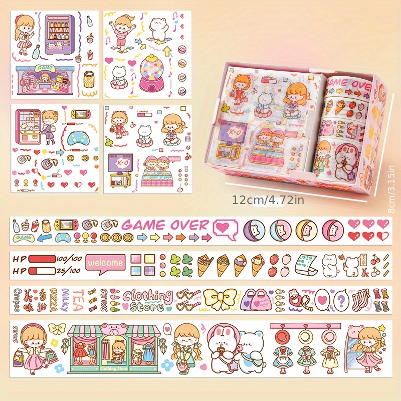 4 Sheets Kawaii Washi Stickers Pack Cute Cartoon Diy Sticker Decal Pack For  Journaling Scrapbooking Kids