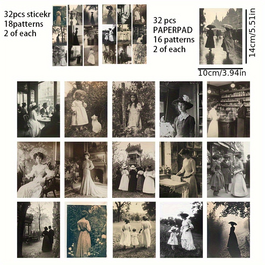Image of 64pcs (32 And 32 Stickes) Set Of Old Photo Style, Vintage Age, , Mid-age , Suitble For Scrapbooking Paper For Junk Journals, Vintage Decor, Decorative Stationery, Adventure Book. Craft