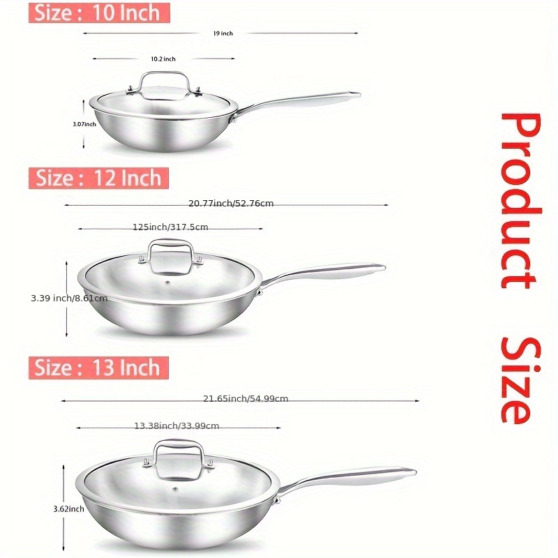 1pc stainless steel wok stainless steel 3 layer frying pan with glass cover pfoa free for home kitchen restaurant hotel kitchen supplies cookware