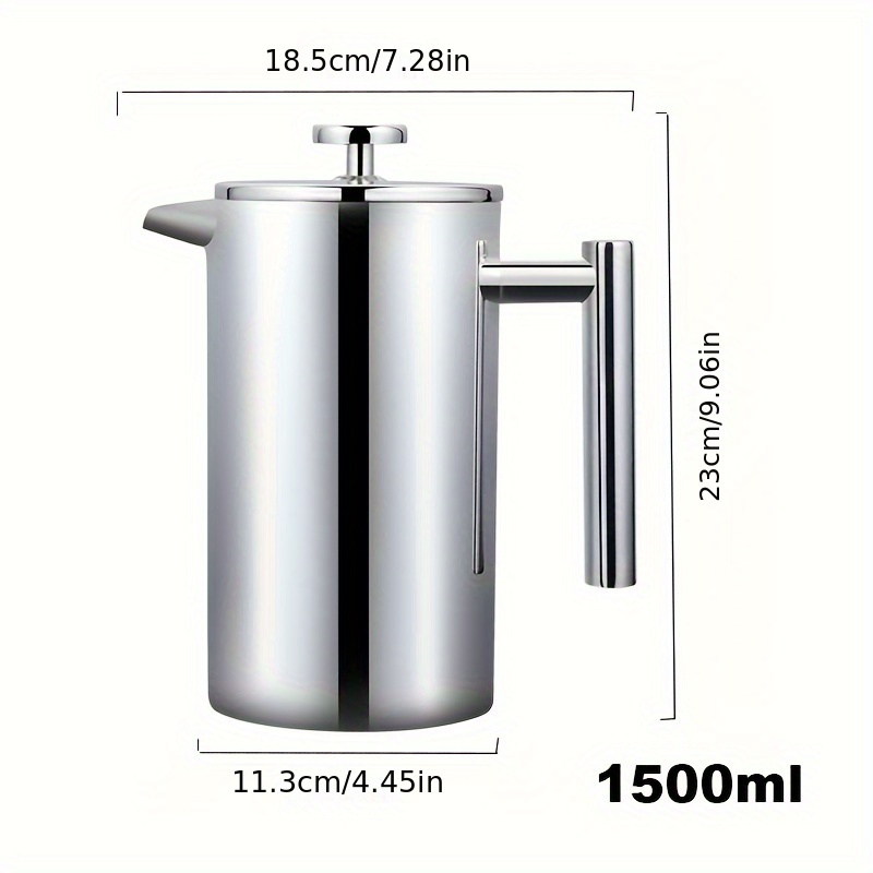 Image of 1500ml Stainless Steel Coffee Maker With Filter - Insulated, Reusable Tea & Coffee Pot For Home And Coffee Shop Use