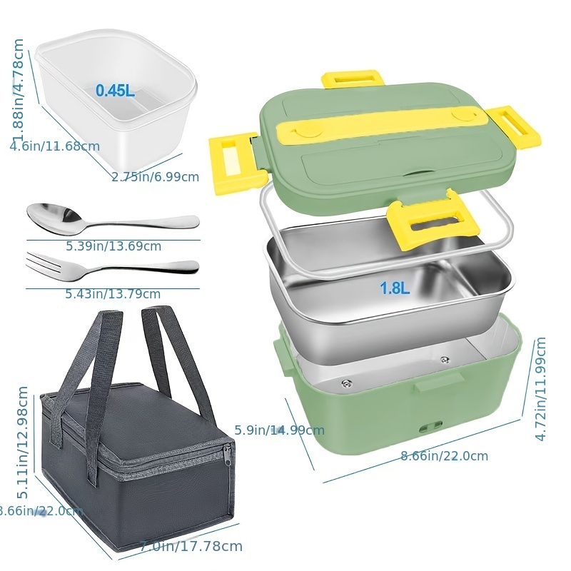 Heated Lunch Box, Food Warmer for Work, Car 1.8L Includes Cutlery Set & Ice  Pack