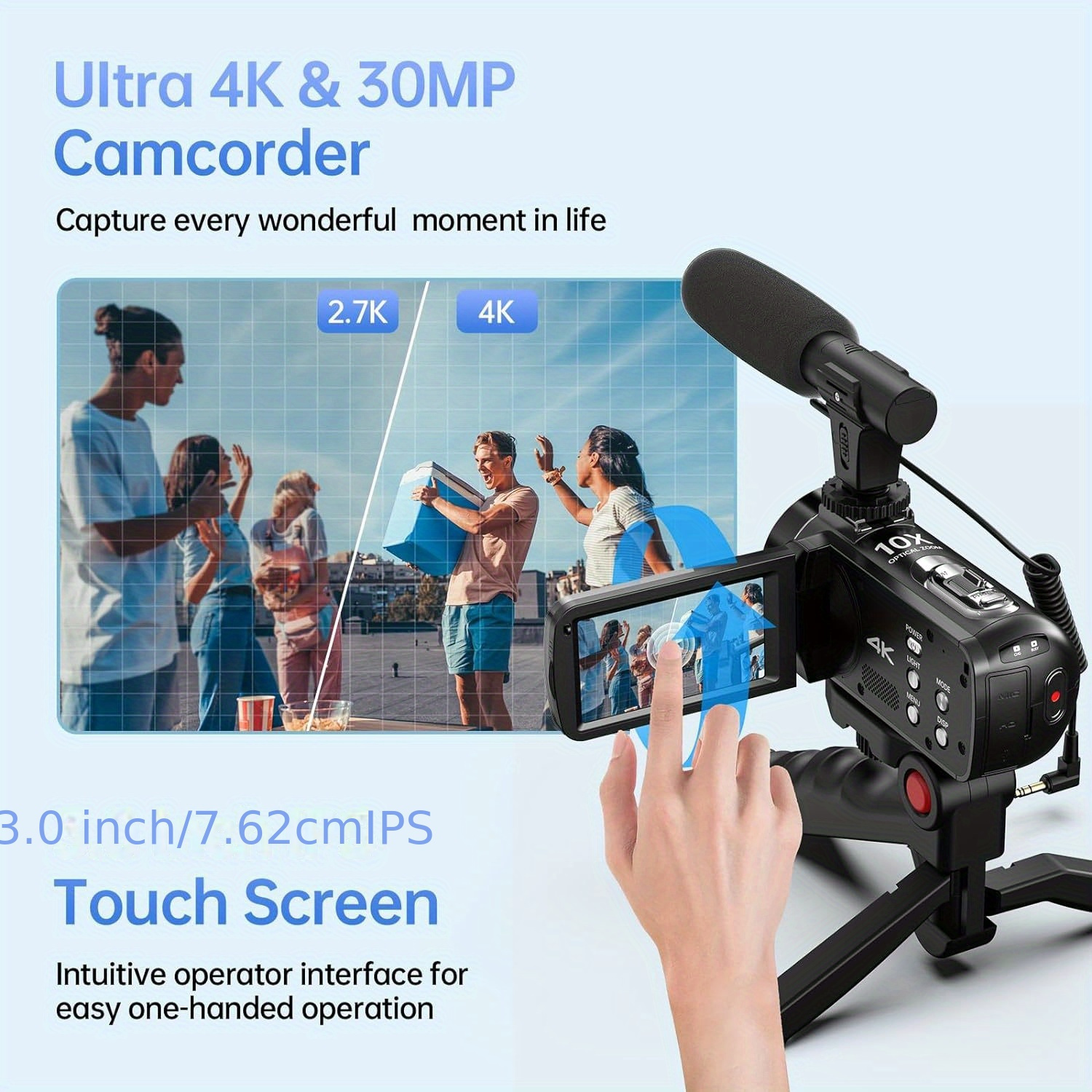 

4k Video Camera Camcorder 10x Optical 120x , With Mic9 Microphone, Tripod, Remote Control, 32g Sd Card, 2 Batteries, 30mp Auto Focus Vlogging Camera 3.0" Ips Touch Screen Digital Camera