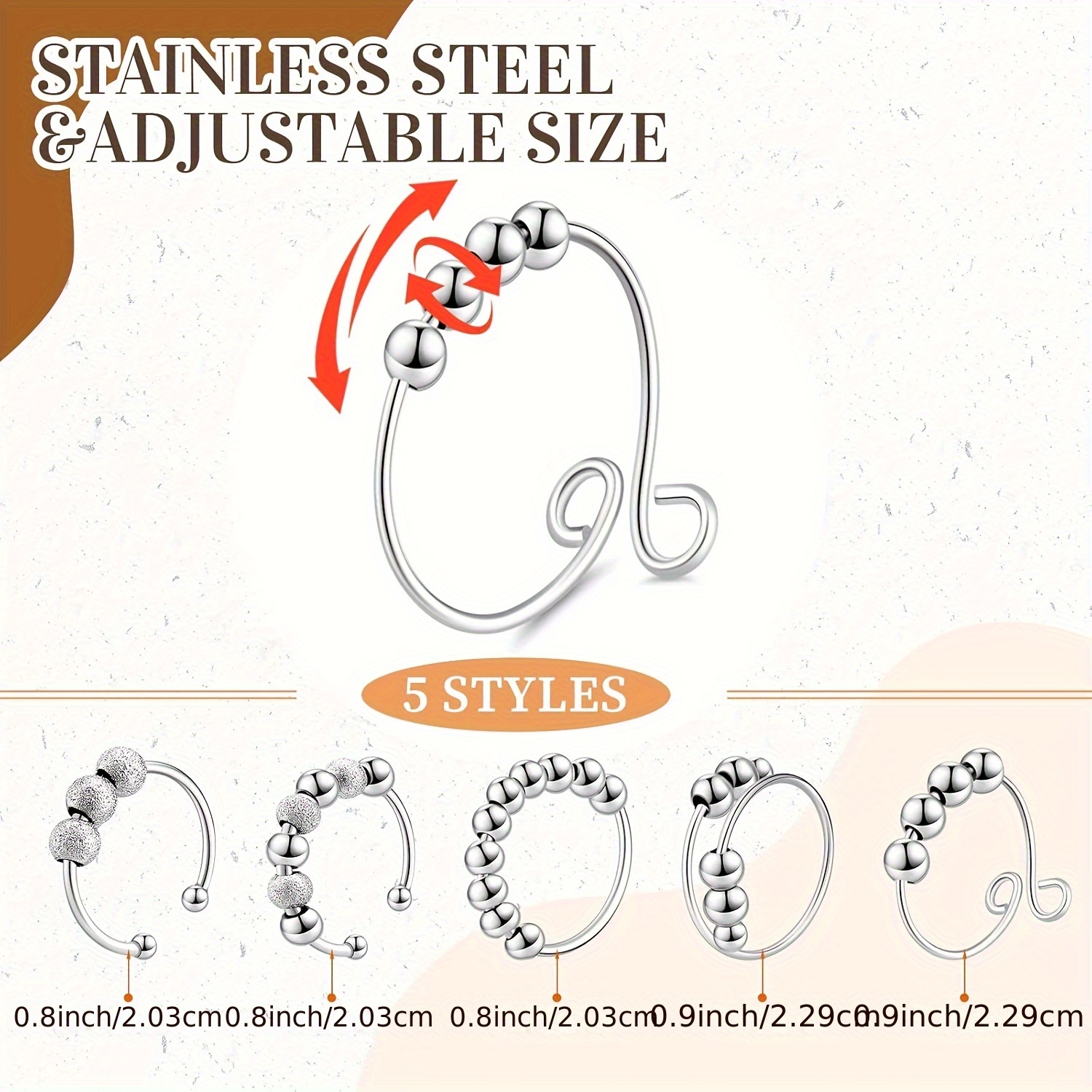 30pcs anxiety fidget ring for women stainless steel adjustable fidget spinner ring with beads for men   relief silvery Product details 3