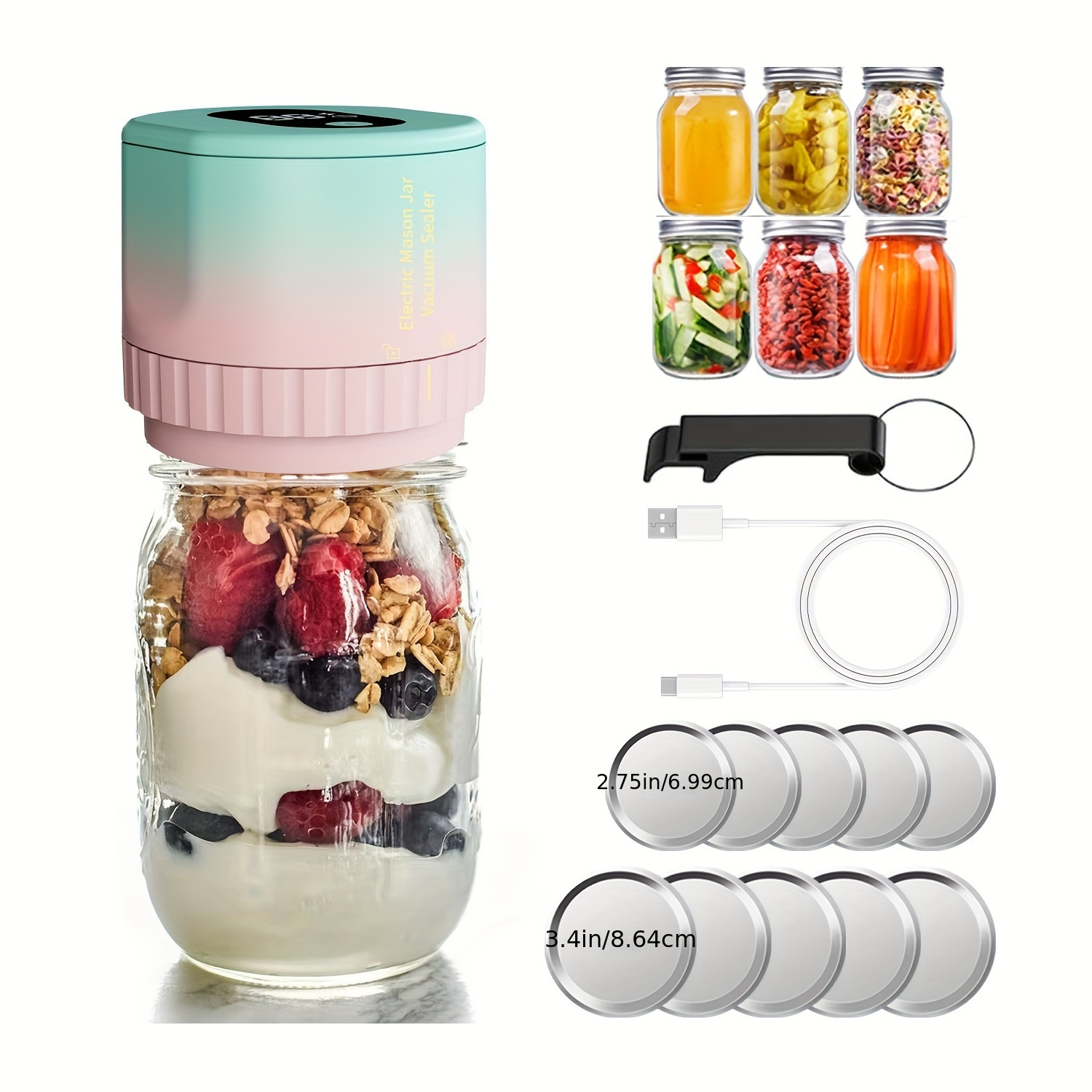 

Mason Jar Vacuum Sealer - Electric Mason Jar Sealer Vacuum Sealing Kit, Vacuum Sealer For Mason Canning Jars With Can Opener, Regular And Wide Mouth Mason Jar Lids Macaron Color