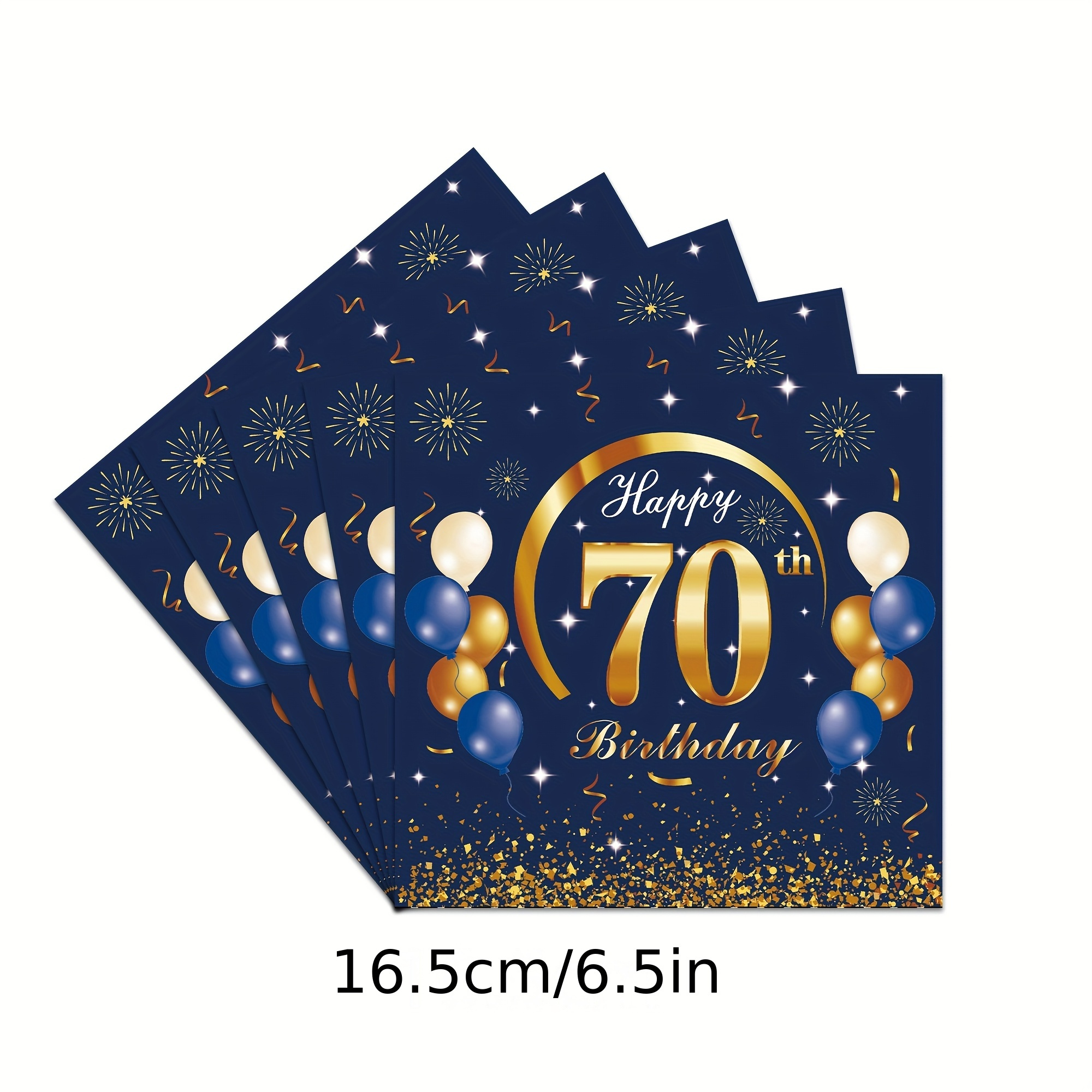 Image of 50pcs 70th Birthday Party Napkins - Blue & Golden Theme With "happy 70th Birthday" Text, Balloons, And , Disposable Paper Tissues For Men And Women's Celebrations, Birthday Party Decorations
