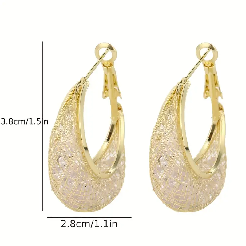 golden mesh design with shiny zircon decor hoop earrings elegant style zinc alloy jewelry daily wear accessories details 3