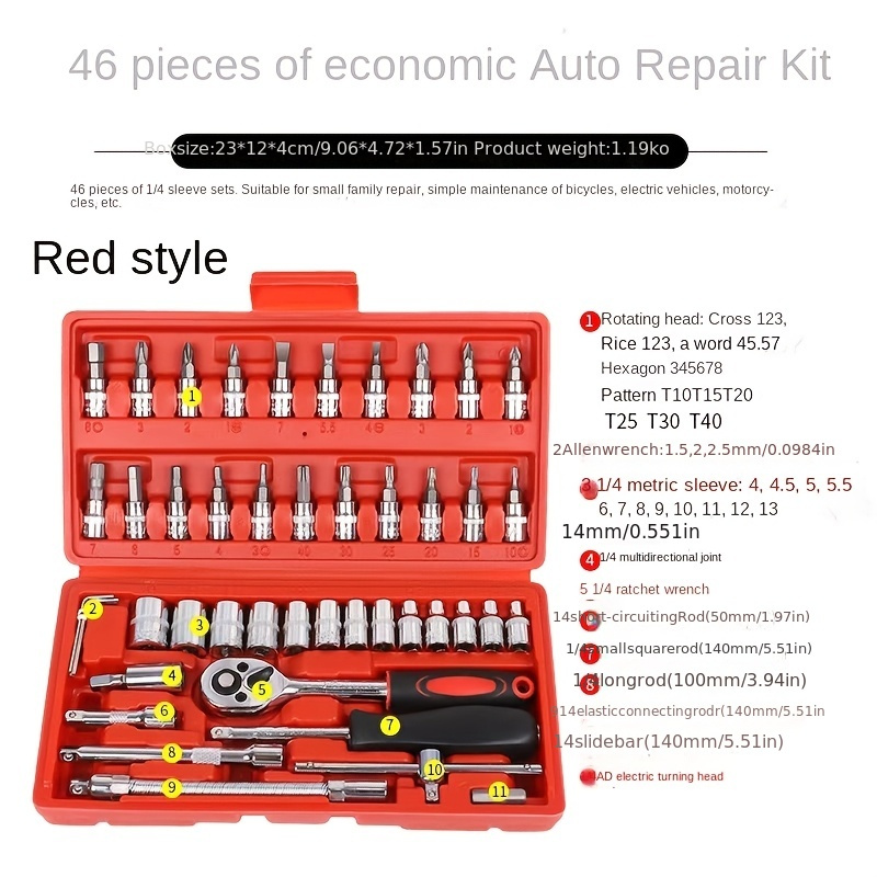 

46pcs Combination Tool Set For Auto Repair, Including 1/4 Inch Sockets For Vehicle Maintenance.