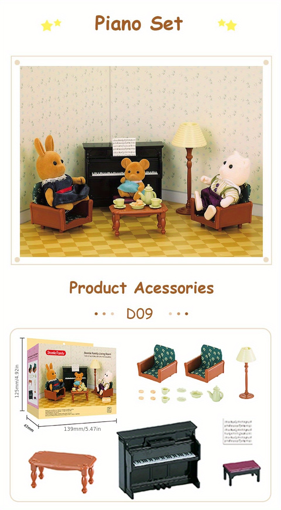 Abaodam Dollhouse Furniture Set - 1:12 Scale Mini Sofa, Piano, Tea Set, Floor Lamp & Coffee Table