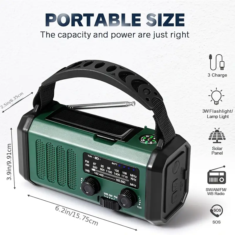 emergency hand crank radio with 10000mah 37000mwh battery backup am fm weather radio type c charge solar charging sos 3 led torch reading lamp compass for outdoor survival details 4