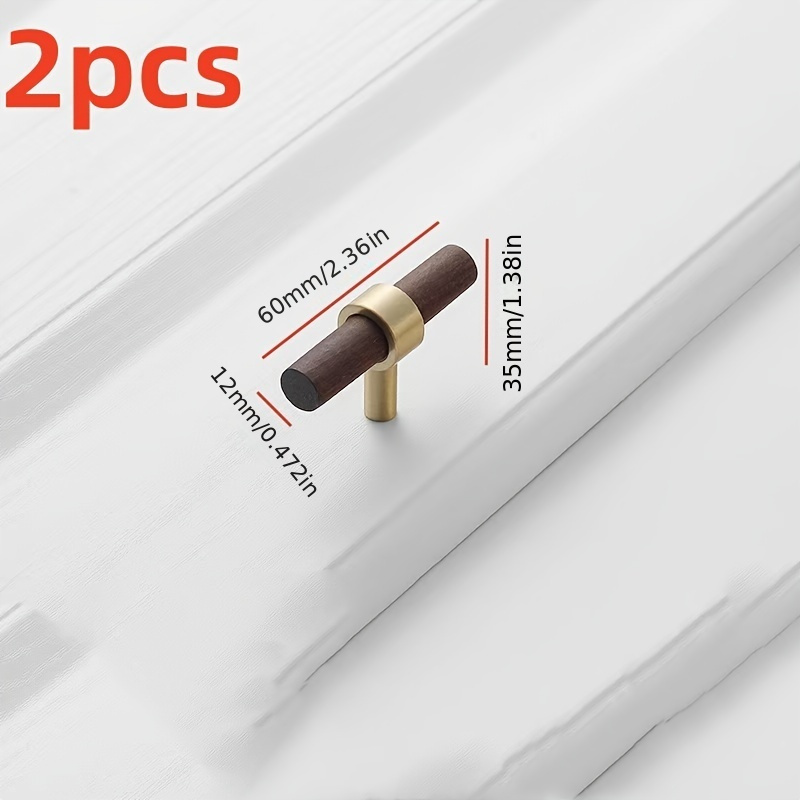 TEMU 2pcs Set, Walnut Wood + Brass Material, Modern Minimalist Cabinet Drawer Wardrobe Door Handle, Solid Wood Handle With Included Mounting Screws