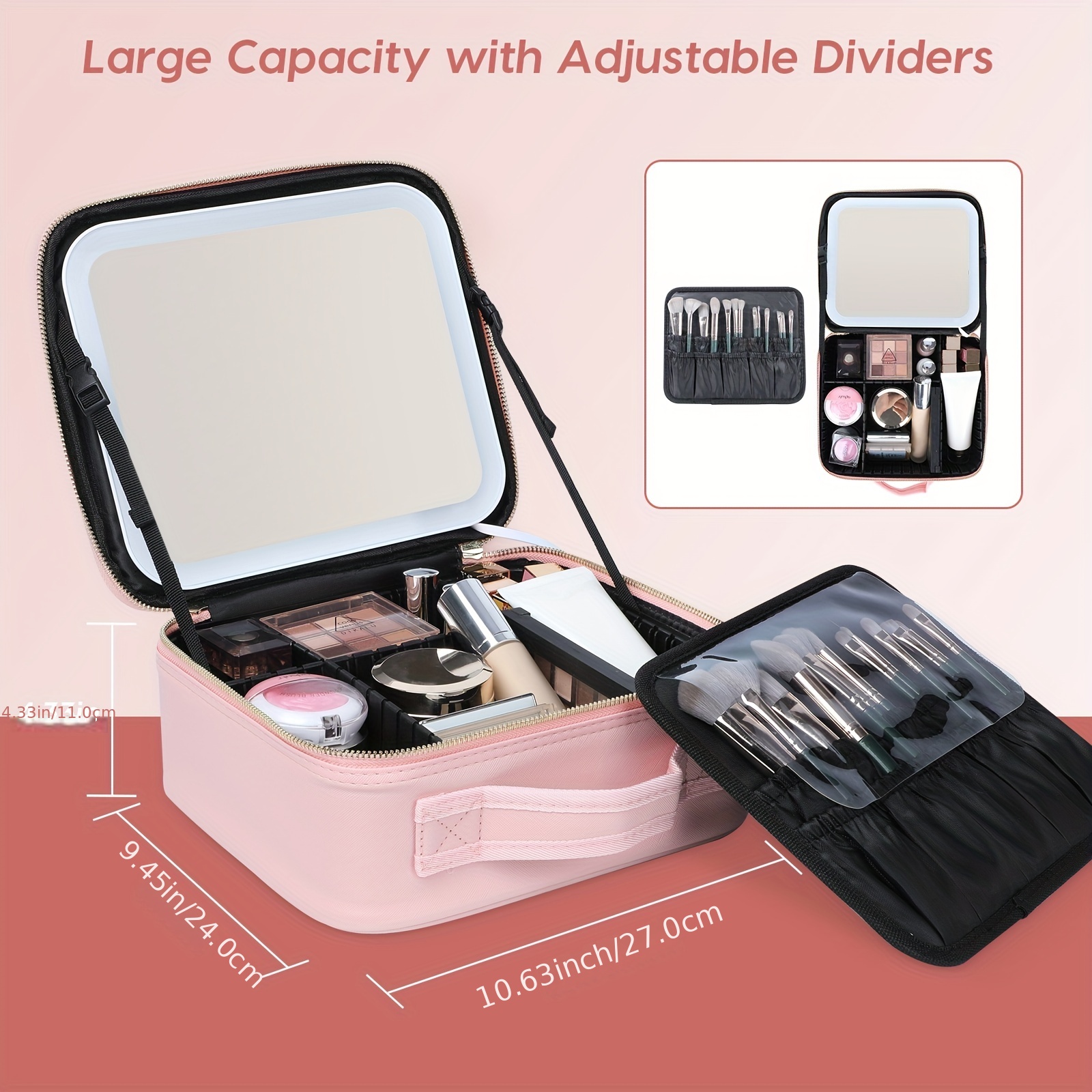 Travel Makeup Train Case w/Large Lighted Mirror Adjustable Portable  Cosmetic Bag