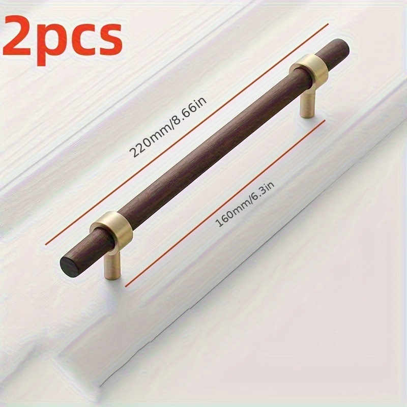TEMU 2pcs Set, Walnut Wood + Brass Material, Modern Minimalist Cabinet Drawer Wardrobe Door Handle, Solid Wood Handle With Included Mounting Screws