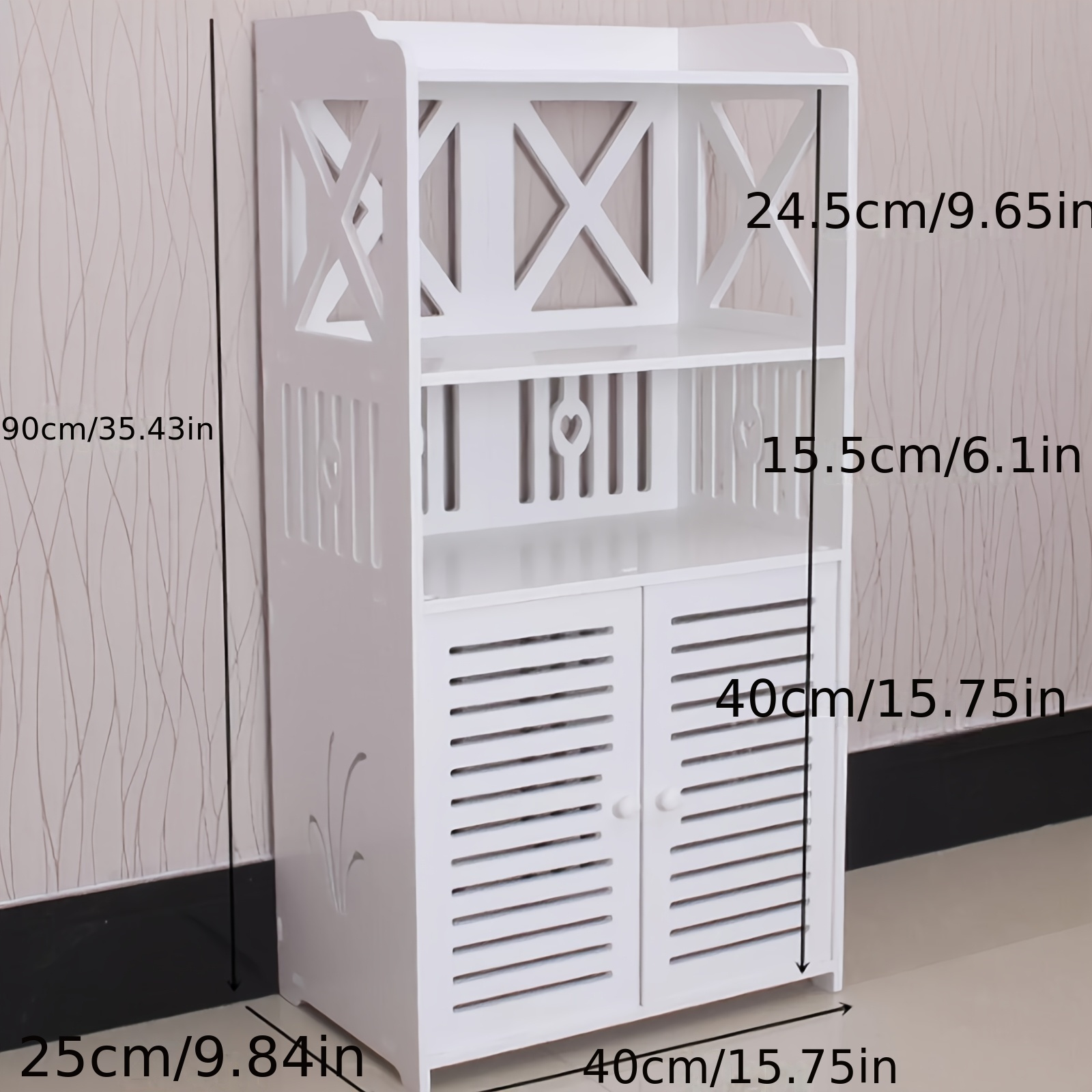 Waterproof Bathroom Floor Cabinet, Freestanding Bathroom Storage Unit With Daily Use Layer And Cupboard Double Door, Pvc Cabinet For Store Toilet Paper, Shampoo, White 40x 25x 90cm