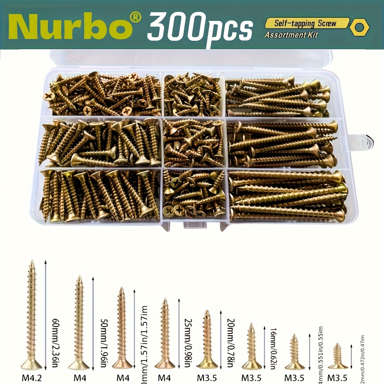 300 piezas, juego combinado de tornillos para madera de acero al carbono galvanizado, cabeza plana con ranura Phillips, tamaño M3.5/M4, empaque resistente con etiquetas de tamaño, ideal para proyectos de ensamblaje en el hogar o bricolaje, perfecto para carpintería