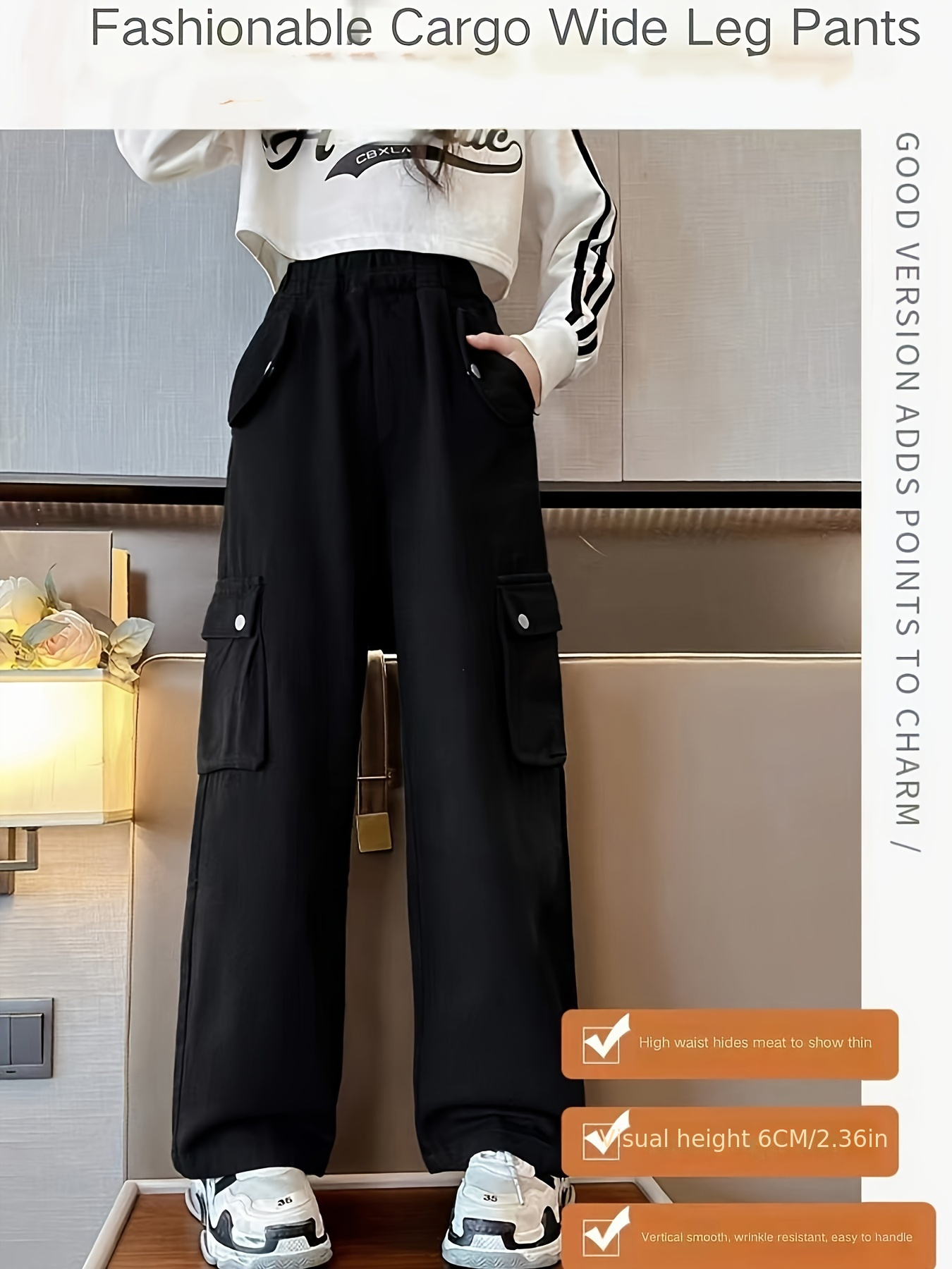 Women Adjustable Elastic Waist Cargo Straight Leg Pants Loose Baggy  Trousers Wide Leg Pants Streetwear