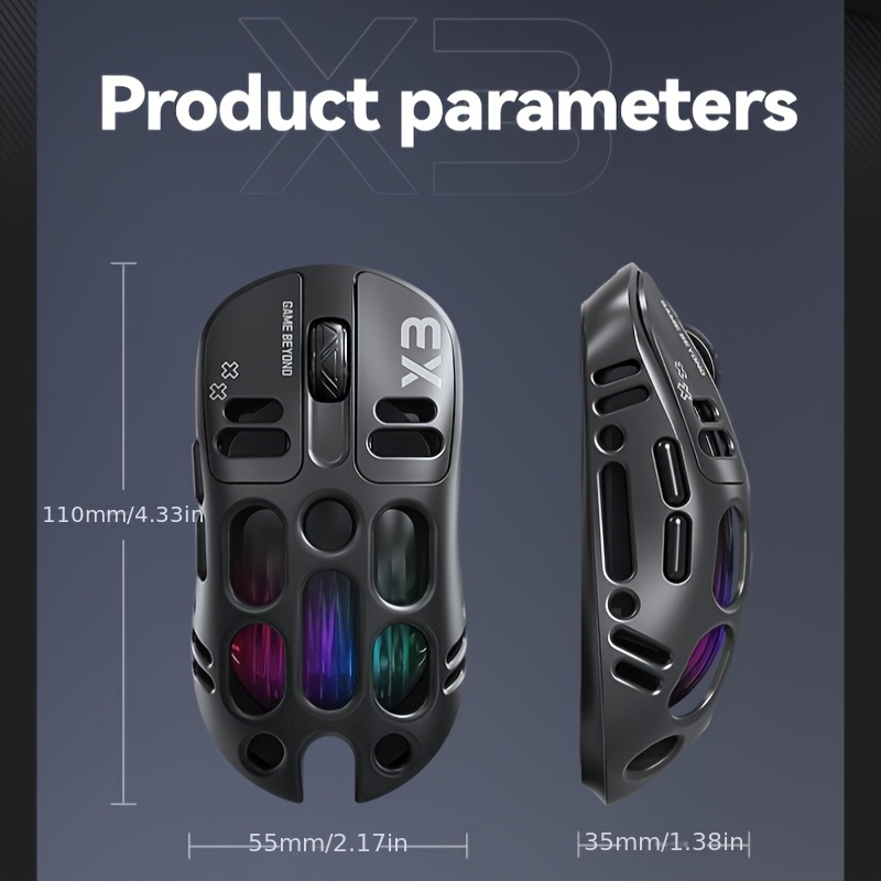 wolf x3 gaming mouse - wireless 3-in-1 wireless, rgb lights, dual-color scheme, high-resolution sensor, usb & type-c charging, durable plastic for pc gaming & typing,  , rechargeable battery Product details 0