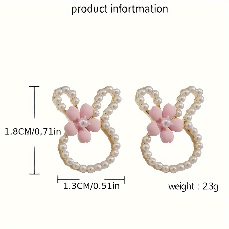 1 pair cute bunny ear stud earrings with pink flower imitation pearl accents   hypoallergenic earrings for everyday party vacation whimsical cartoon jewelry gift for girls party accessories   accessories delicate     for teenager Product details 3