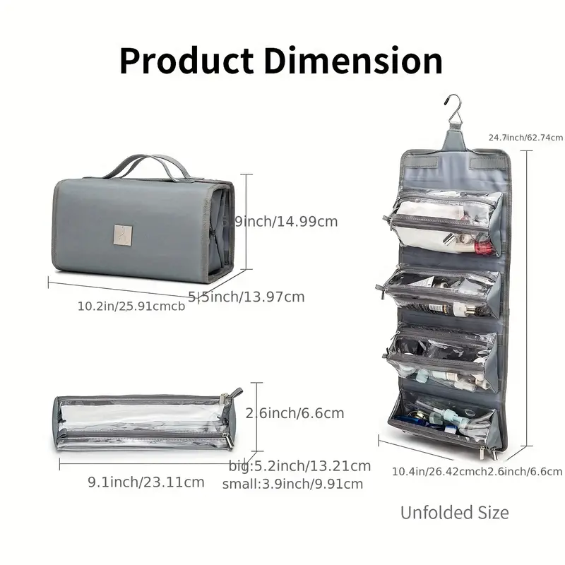 roll up hanging handheld square makeup bag waterproof dacrom toiletry bag with 4 removable tsa approved clear pvc cosmetic pouches lightweight portable travel storage bag details 2