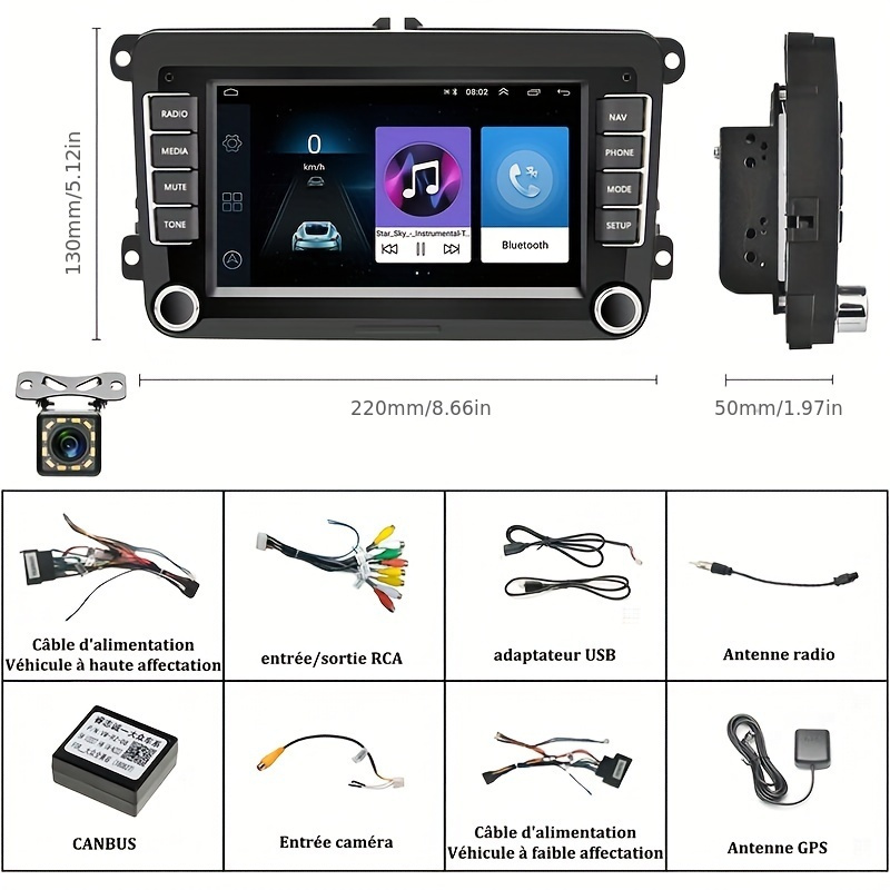 Hikity 1G 32G Autoradio Android13 2 Din avec GPS pour VW T5 Golf 4