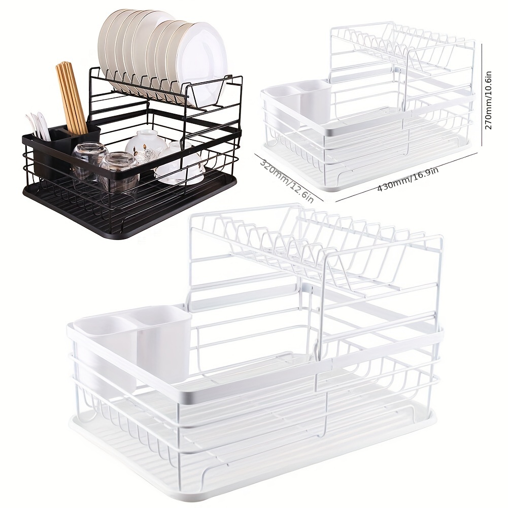 Double Rows Stainless Steel Dishes Drying Rack with Drain Board