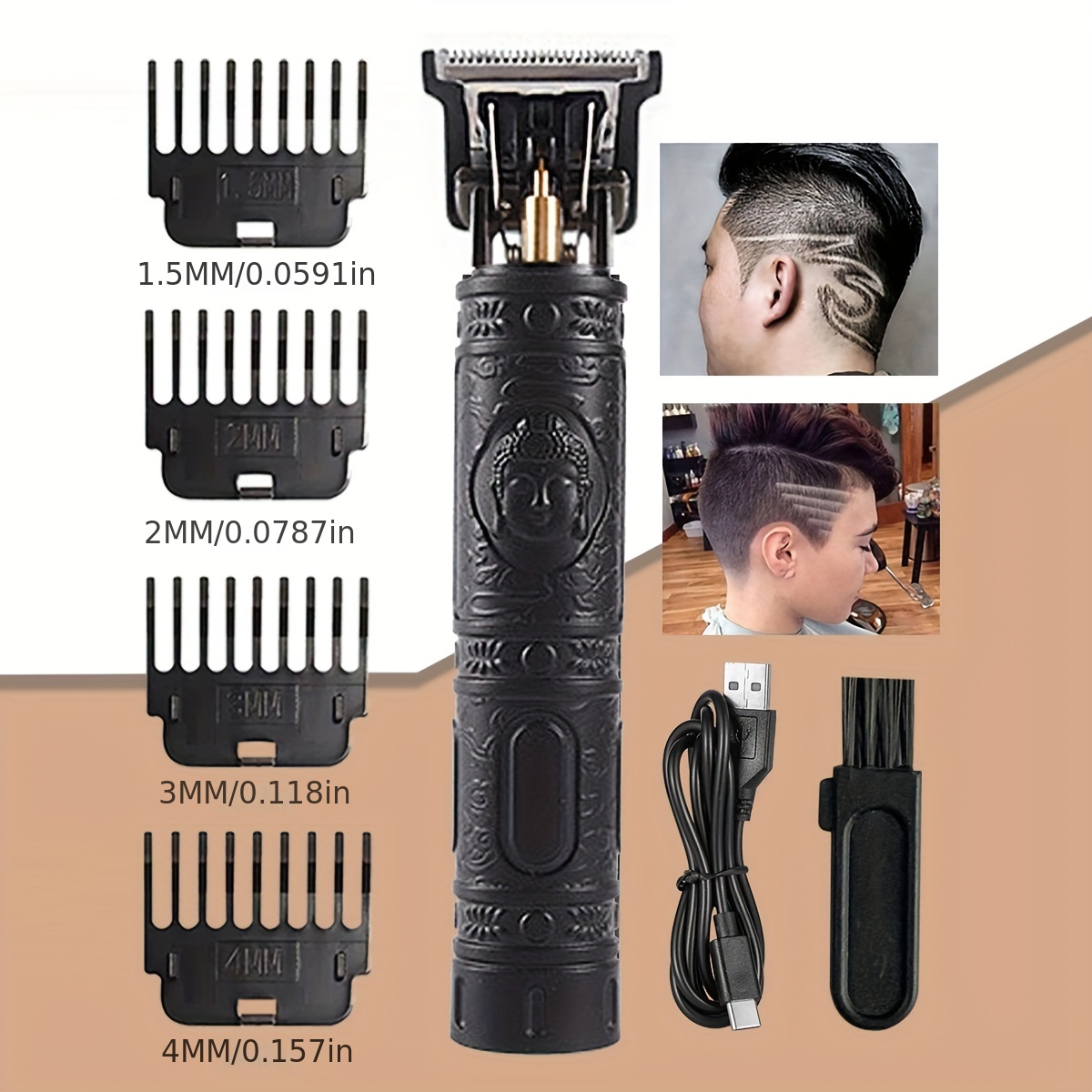 KEMEI Professional Hair Clipper Cordless Trimmer Rechargeable T Shape  Stainless Steel Electric Shaver (Buddha Carved)