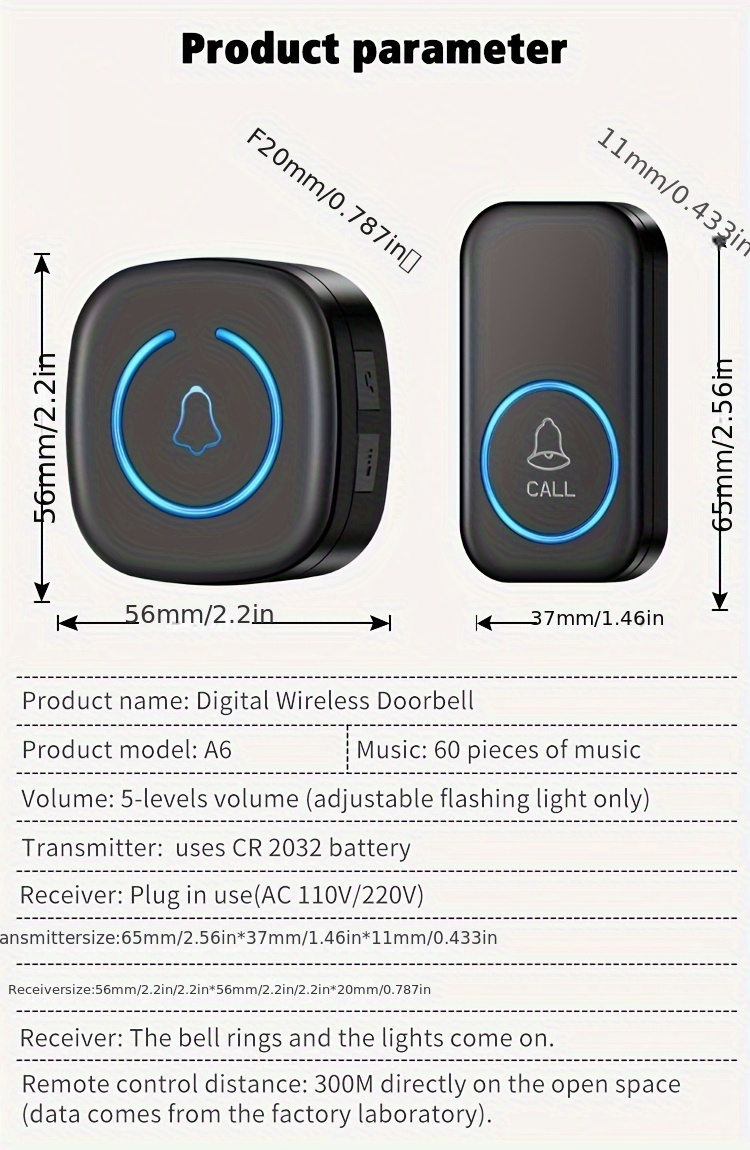 wireless doorbell with 3 plug-in receivers + 2 buttons, 60 ringtones and led flash light, receiver discriminates different   for unique tones, 304.8meter range battery-powered chime kit with 5 volume levels, suitable for home, office, apartment use, eu plug Product details 13