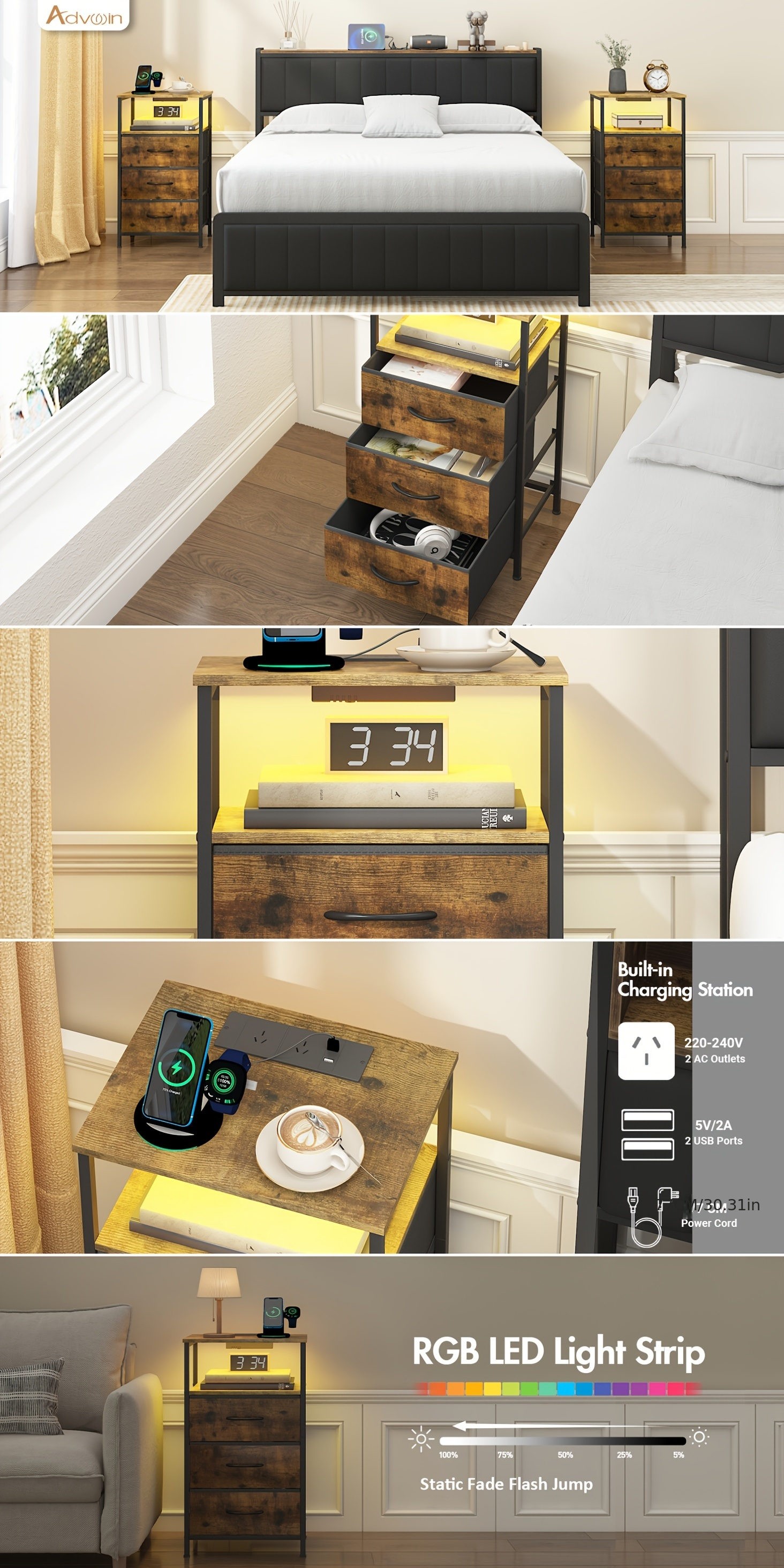   bedside table 2 3 fabric drawers wooden led nightstand with charging station and usb port chest of drawers with storage shelf walnut Product details 0