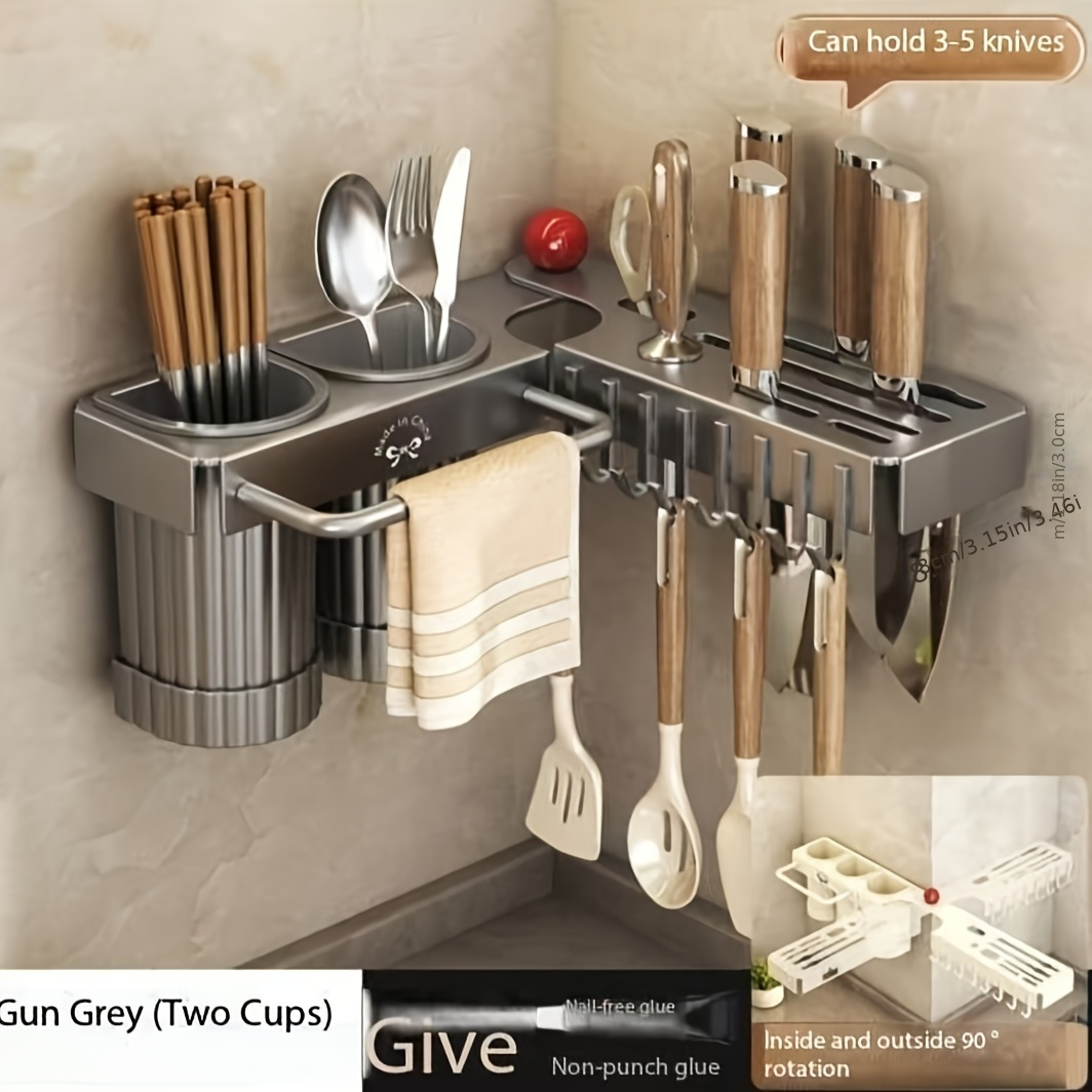 1pc luxury   foldable   utensil holder carbon steel wall mounted no drill cutlery and spoon organizer with drain storage cups and towel bar details 5