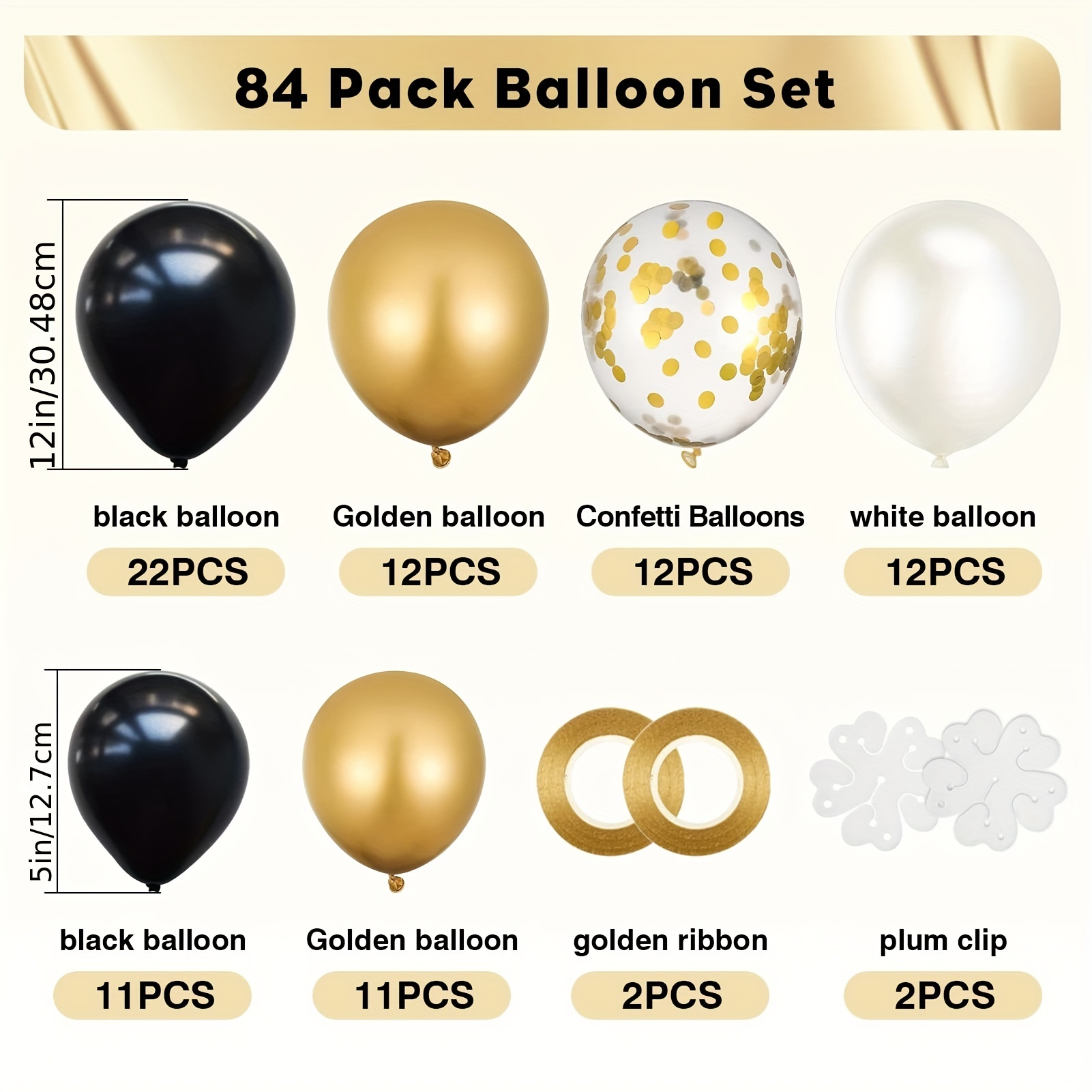 Juego de 120 globos negros y dorados, confeti metálico negro y dorado,  globos de látex, kit de guirnalda para cumpleaños, graduación, boda