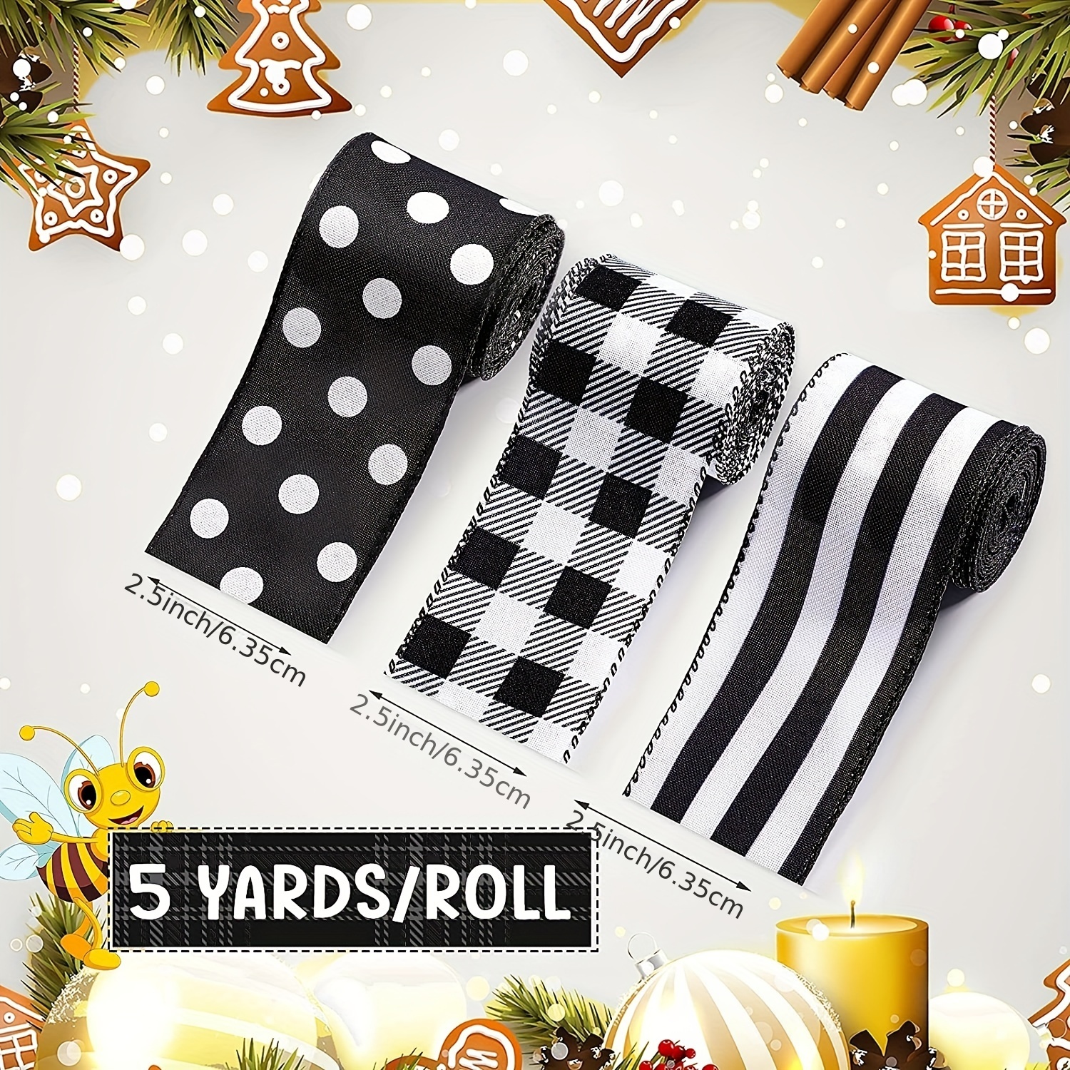 Wired Edge Ribbons 2.5 Inches Burlap Ribbon Black and White Fabric Ribbons  Plaid Stripe Craft Wired Ribbon Christmas Tree Ribbon - AliExpress
