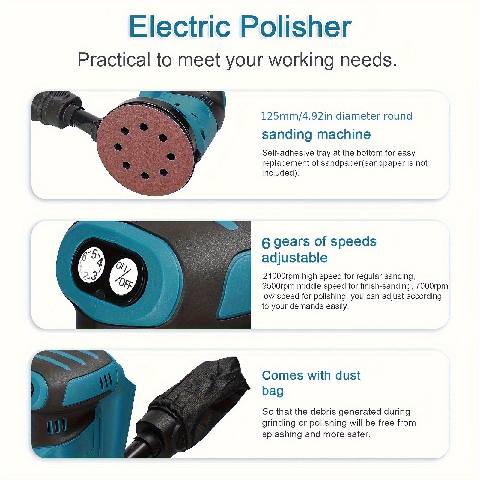 LIXADA Draadloze Orbitale Schuurmachine met 6 Instelbare Snelheden, Elektrische Polijstmachine