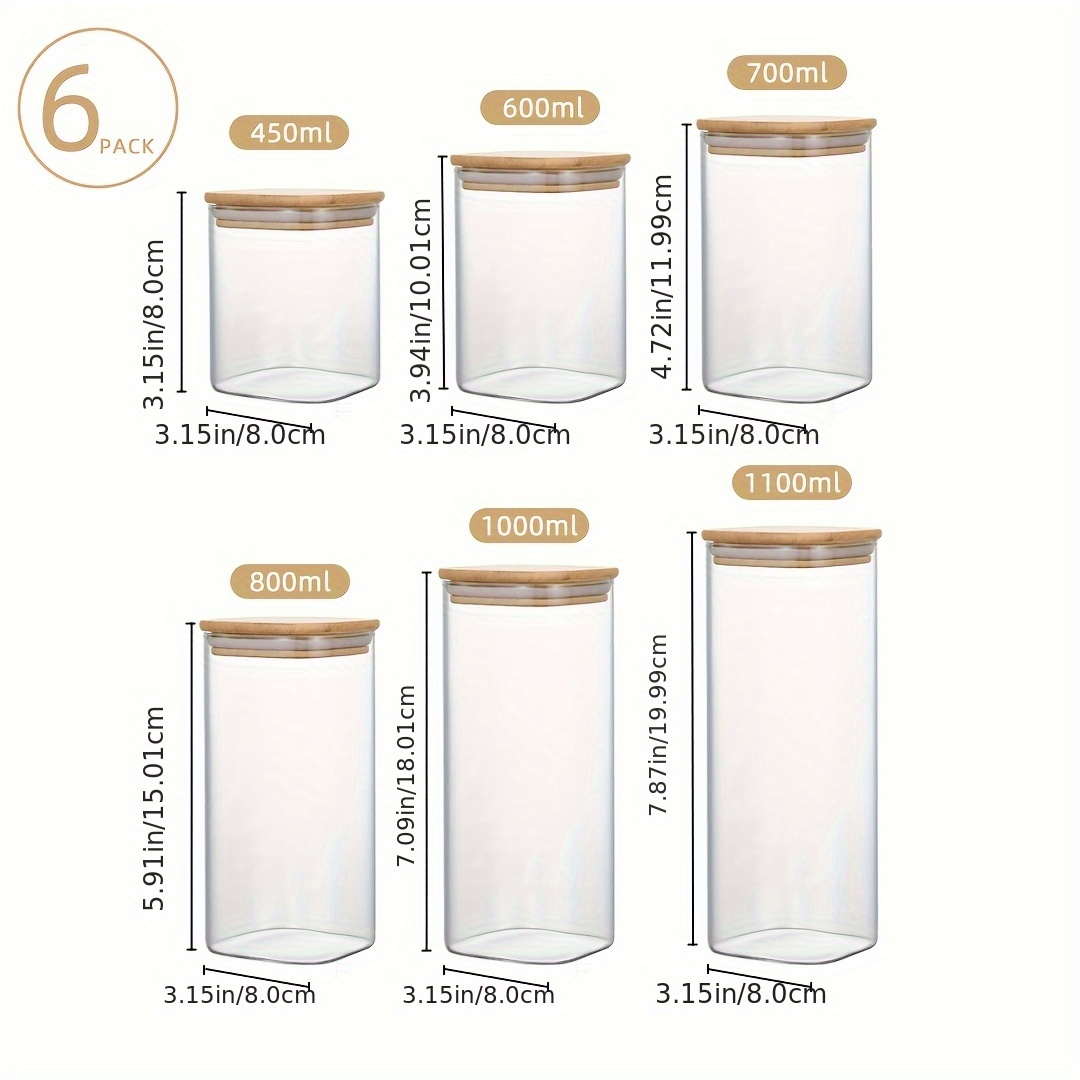 TEMU Set Of 6 Glass Storage Jars With Airtight Bamboo Lids, Portable Clear Containers For Storing Tea, Coffee Beans, Sugar, Candies, Spices, Kitchen