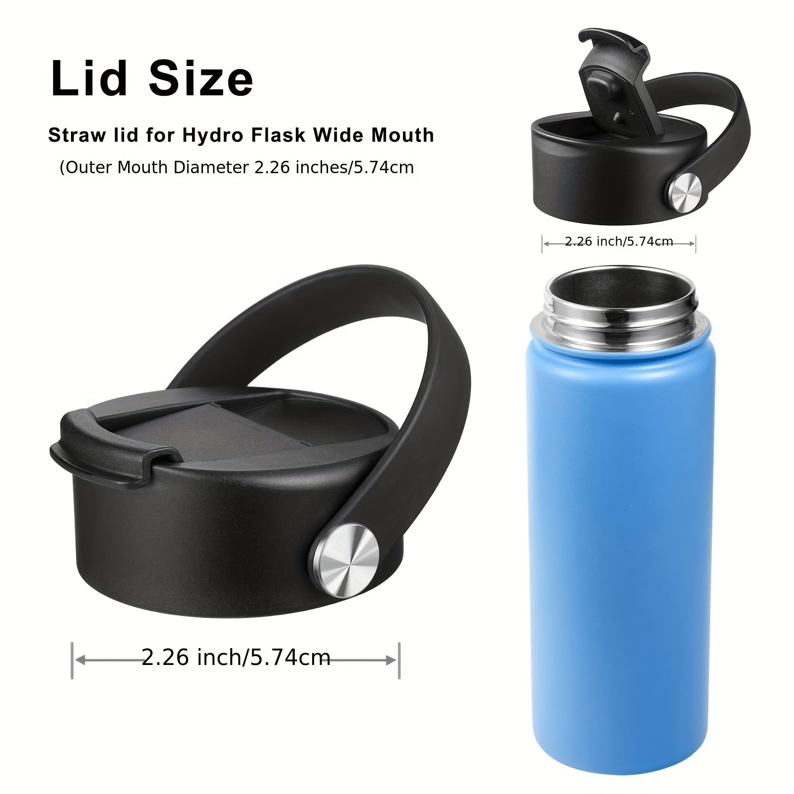 Wide Mouth Straw Lid 2 Straws and 1 Brush and 2 Protective Pads. Fits Most Sports Water Bottles. - Black