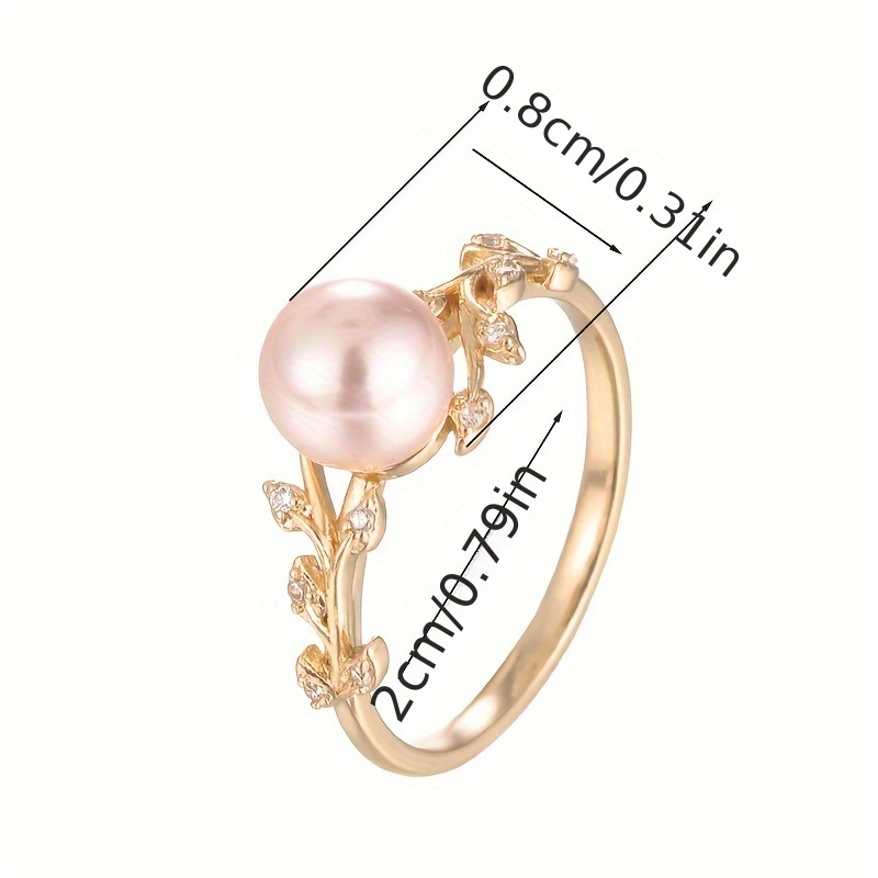 טבעת אלגנטית בעיצוב ענף זית ועלה עם זירקוניה מעוקבת ופנינה מלאכותית, מצופה נחושת K לבן - מושלמת ללבישה יומיומית או מתנה