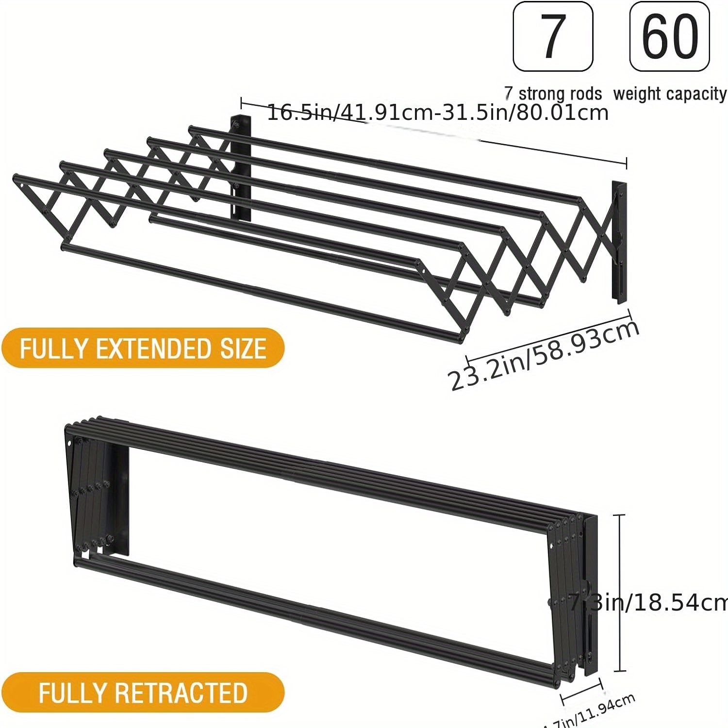 E-shop Platzsparender 7-Stangen Wäscheständer für die Wandmontage - Einziehbar & Faltbar, für Innen-/Außenbereich, Schwarz, Mehrzweckhaken