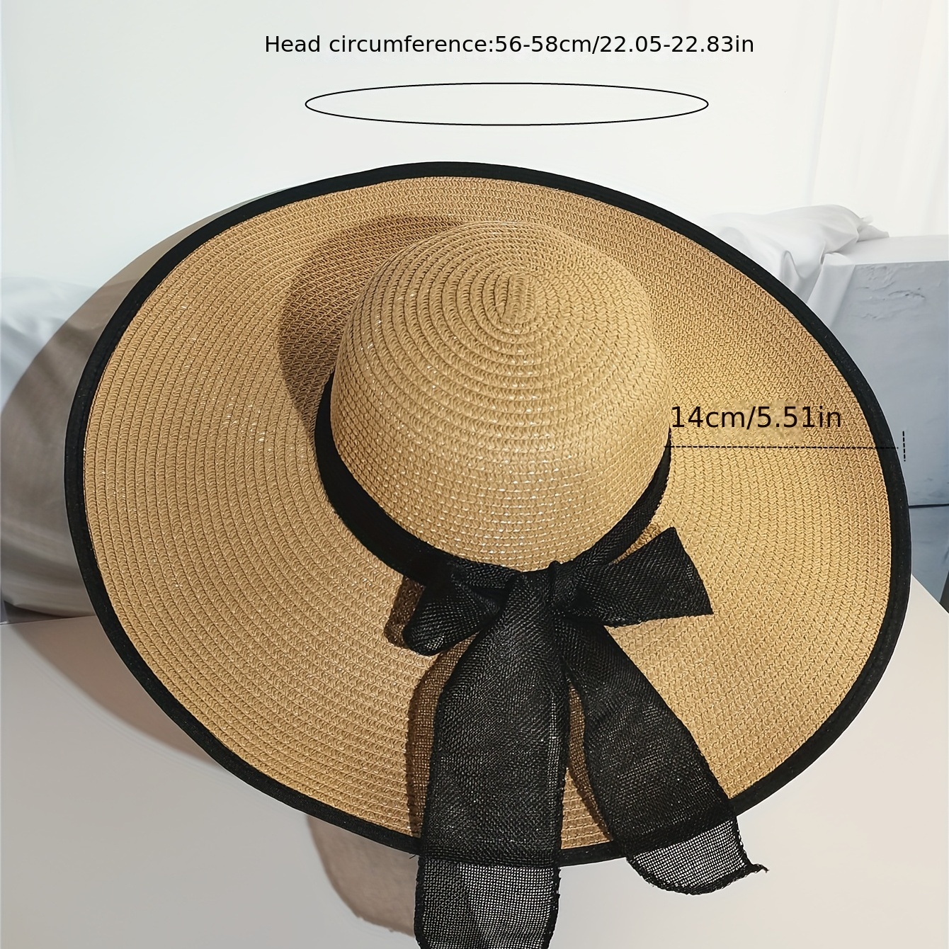 Large Brim Elegant Floppy Hat, Bow Decor Foldable Beach Sunshade Straw Hat, Women's Caps & Hats