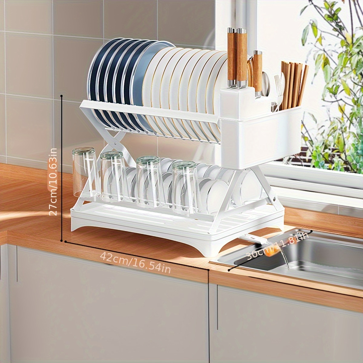 Two-Tier Dish Drying Rack - Rust Proof Stainless Steel, Self