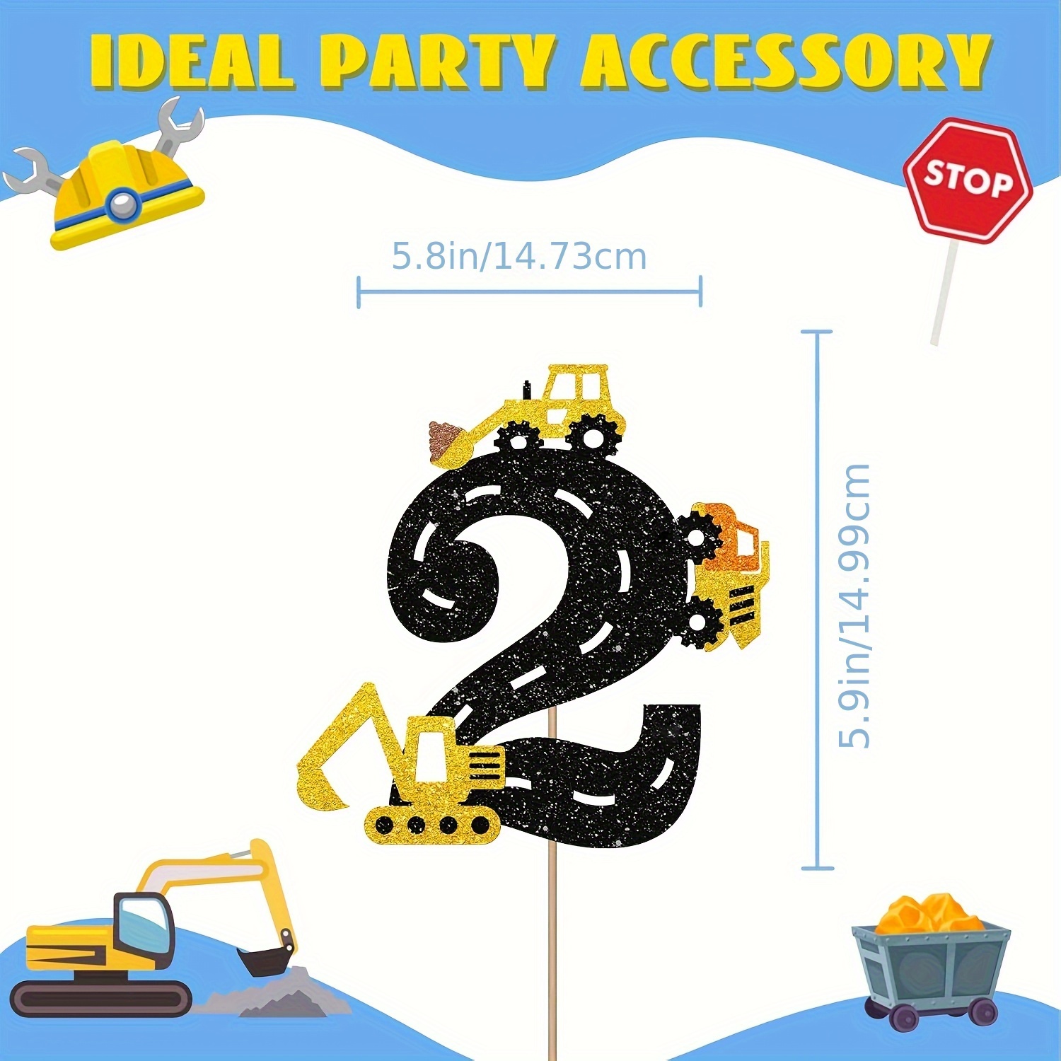 1pc Construction 2nd/1st/3rd/4th/5th Birthday Cake Topper, Excavators 2 Cake Topper For Bb Shower, Sign Birthday Cake Decor, Construction Themed 2nd/1st/3rd/4th/ Party Decoration - Black Glitter