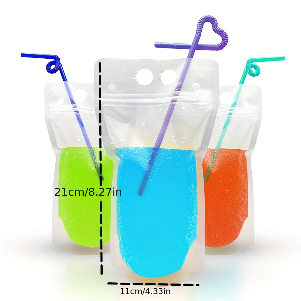 50 PCS Stand-Up Plastic Drink Pouches Bags with 50 Drink Straws, Heavy Duty  Hand-Held Translucent Reclosable Ice Drink Pouches Bag, Non-Toxic, for