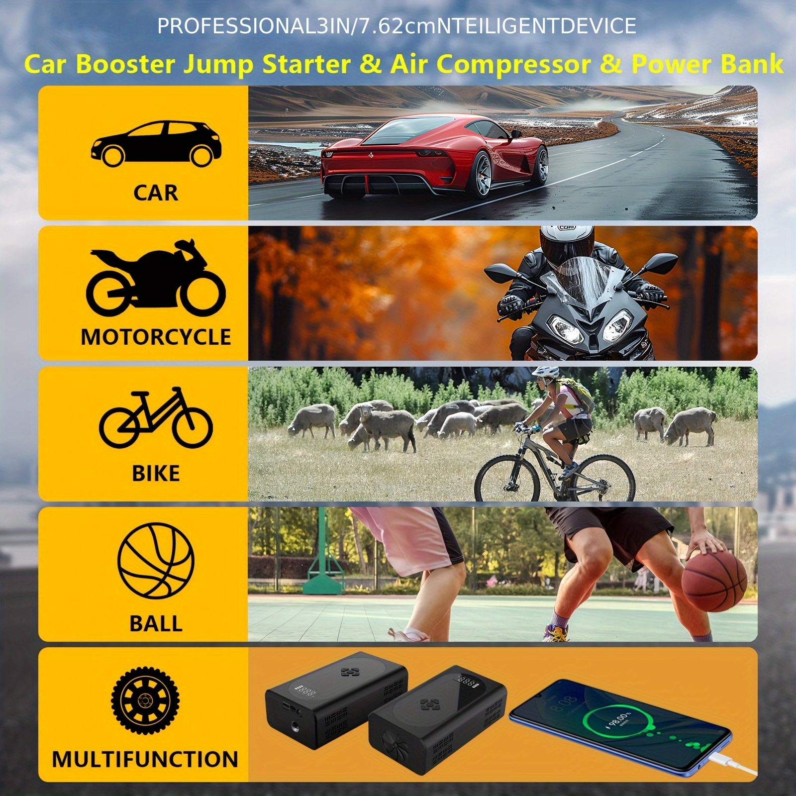   car jump starter with air compressor emergency battery jumper     to 10  8l   with intelligent jumper clamps fast inflation 10000mah power bank 3 in 1 flashlight Product details 0