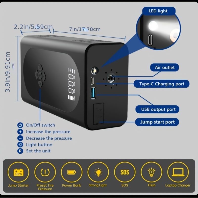   car jump starter with air compressor emergency battery jumper     to 10  8l   with intelligent jumper clamps fast inflation 10000mah power bank 3 in 1 flashlight Product details 5