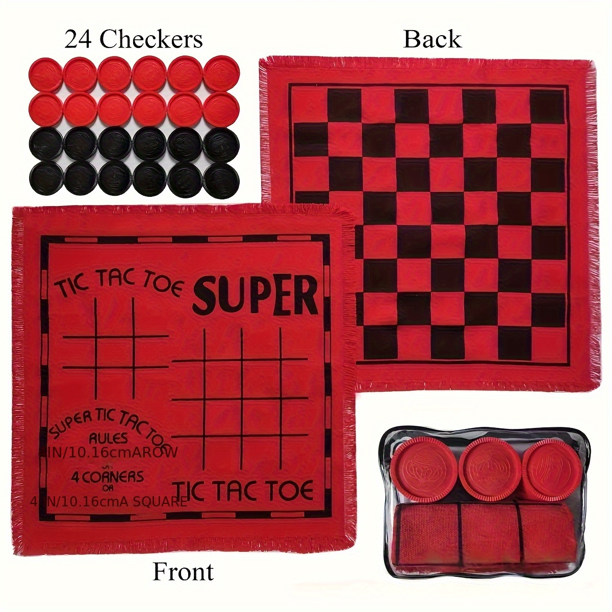 TEMU Vintage Super Tic Tac Toe And Checkers Set With 24 Checkers Pieces, Reversible Rug For Outdoor Activities And Adults, Board Games, Lawn Games,