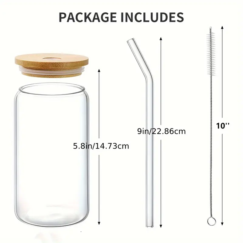 6pcs drinking glasses with bamboo lids and glass straw 16 oz can shaped glass cups for beer ice tumbler cup great for soda boba tea cocktail 2 cleaning brushes Product details 2