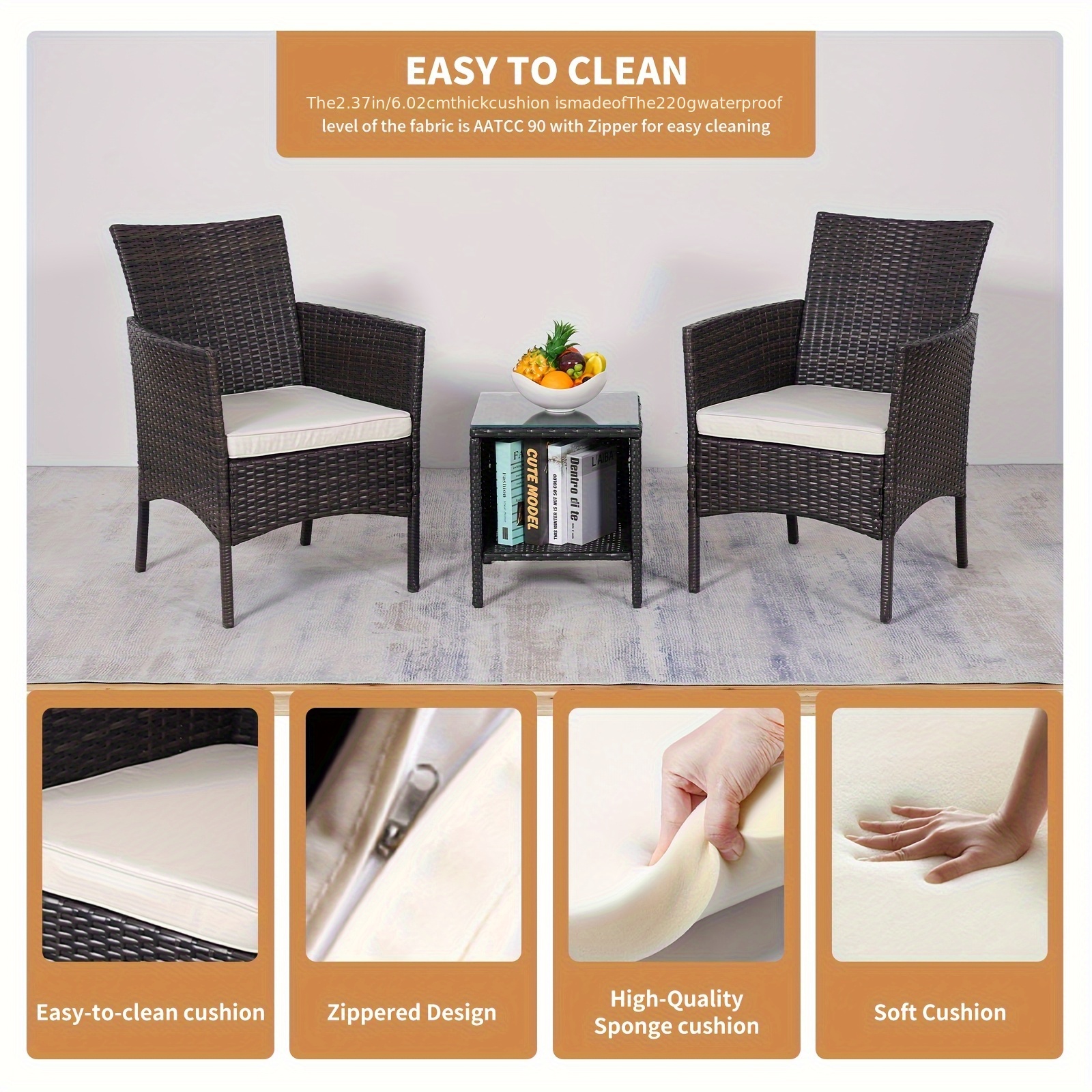 Outdoor Chair Set 3pcs, Waterproof,, UV, Wear-Resistant PE Rattan, Handmade, Modern Simple Courtyard Furniture, Suitable for Patio, Villa, Balcony, Tavern, Swimming Pool