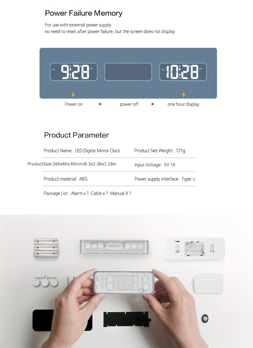 1pc Dst Led Alarm Clock 3 Levels Of Brightness Adjustment Mirror
