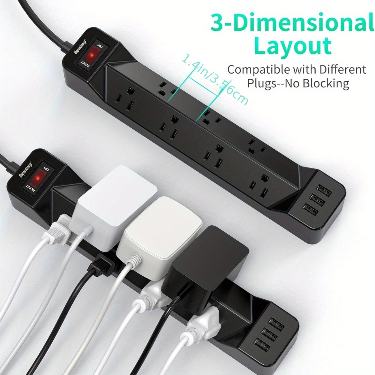 

16.5ft Extension Cord Protector Power Strip Superdanny Flat Plug Extension Cord With 7 Outlets And 3 Usb Ports, 1050 Joules, For Home Office Hotel Dorm, Black