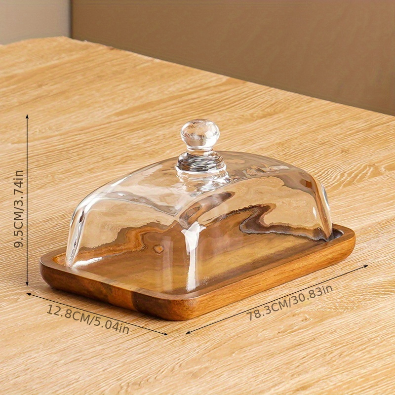 1pc Wooden Butter Dish With Glass Lid, Cheese Box, Butter And Cheese Snacks Storage Plate With Glass Lid, Cake And Dessert Table Display Rack, For Home Restaurant Bakery Wedding Birthday Party, Table Decor, Serveware Accessories