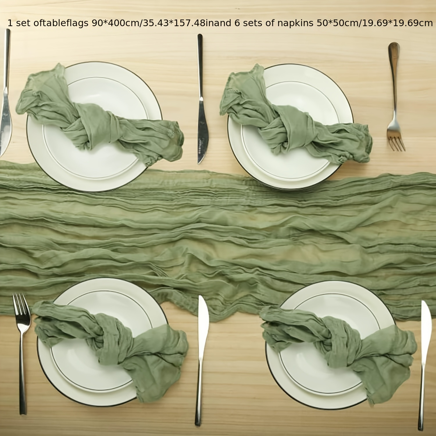 Image of 1pc Table Runner And 6pcs Napkin Sage , Bohemian Gauze Cheesecloth Rustic Table Runner And Napkins, Suitable For Weddings, Birthday Parties, Valentine's Day, Christmas, Decoration