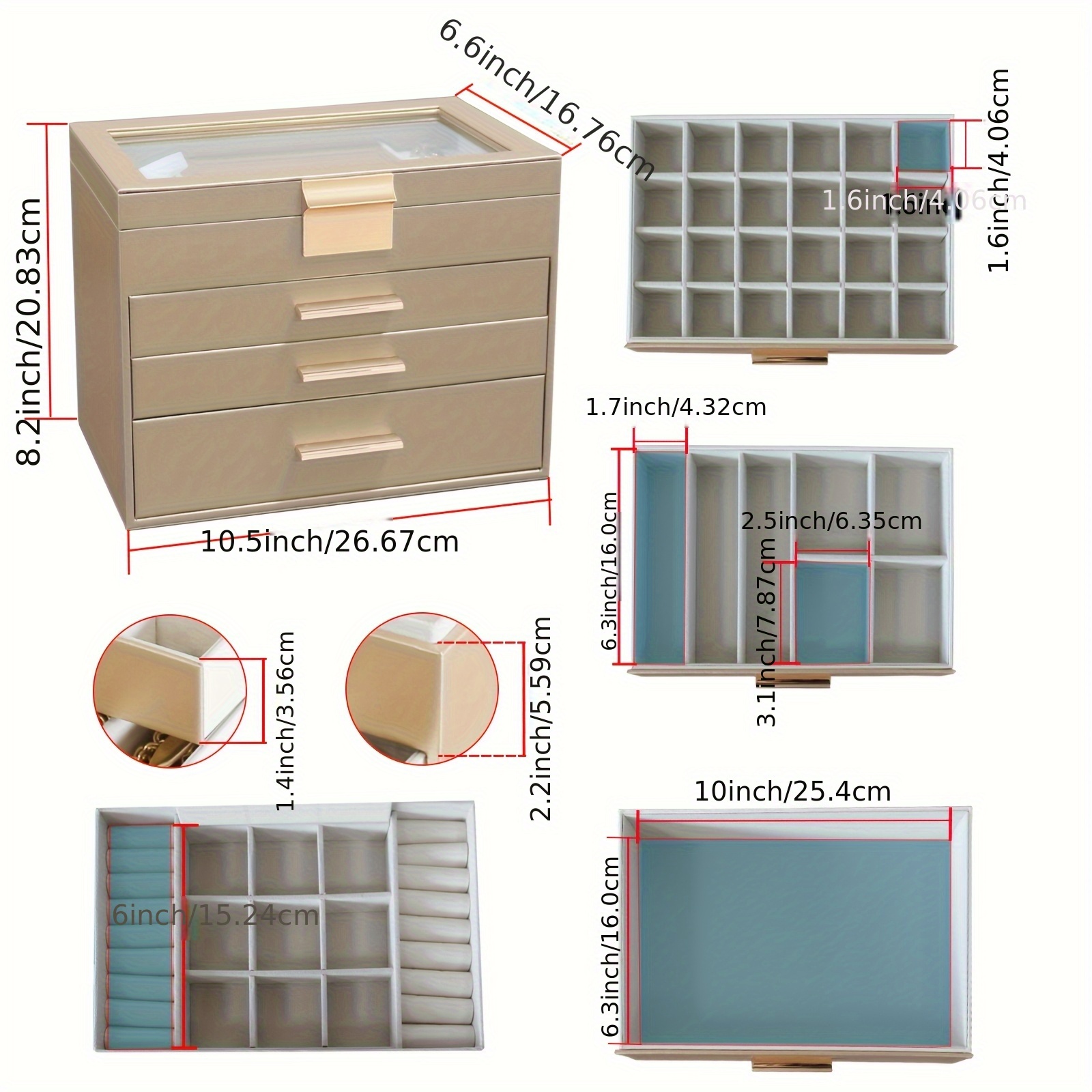 BOOVO Advanced 4-layer Jewelry Box -3-layer Drawer Large Capacity Storage - Transparent Window Design - Suitable for Displaying and Storing Jewelry - Built-in Flip Mirror - Equipped with Necklace Hook - Multifunctional Faux Leather Jewelry Box