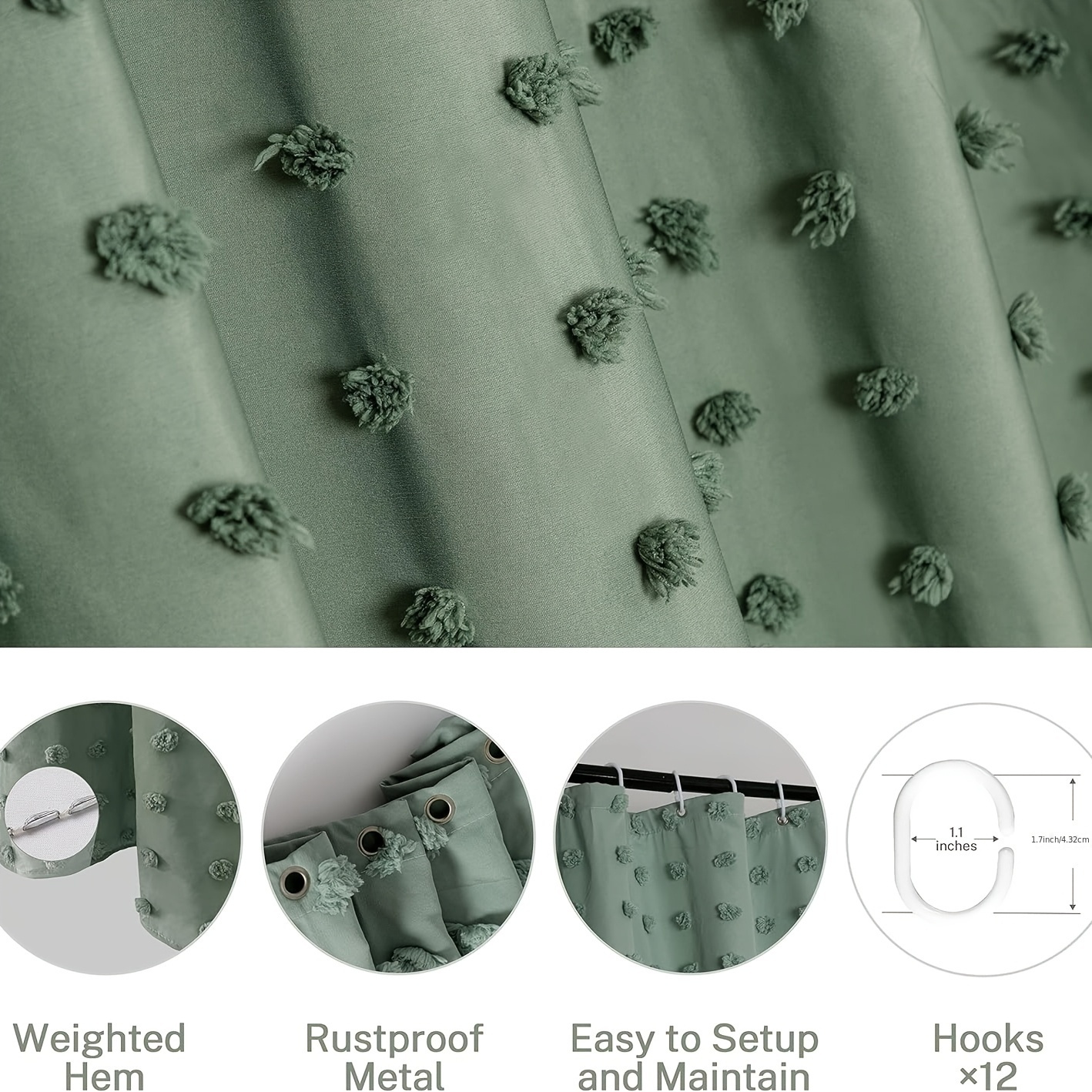 Bohemian Chic Polka Dot Shower Curtain with White Hooks, Machine Washable